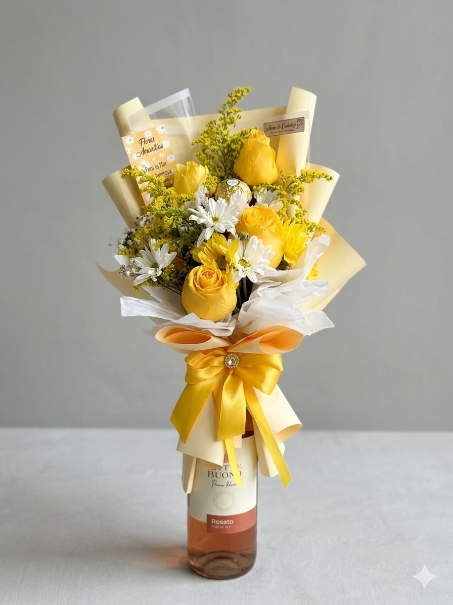 Botella de vino con Bouquet floral