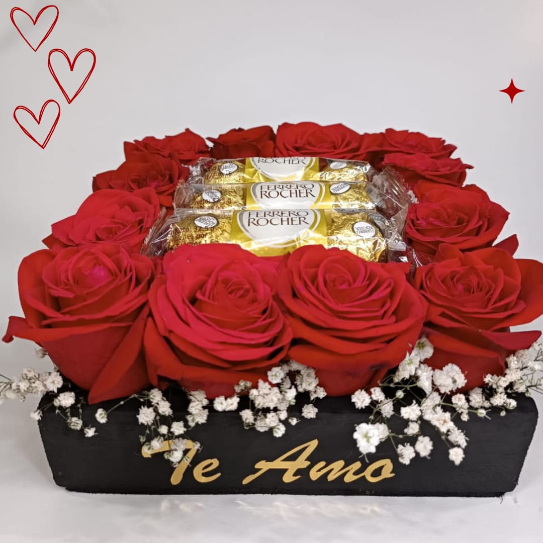 Arreglo de rosas con chocolates Ferrero Rocher