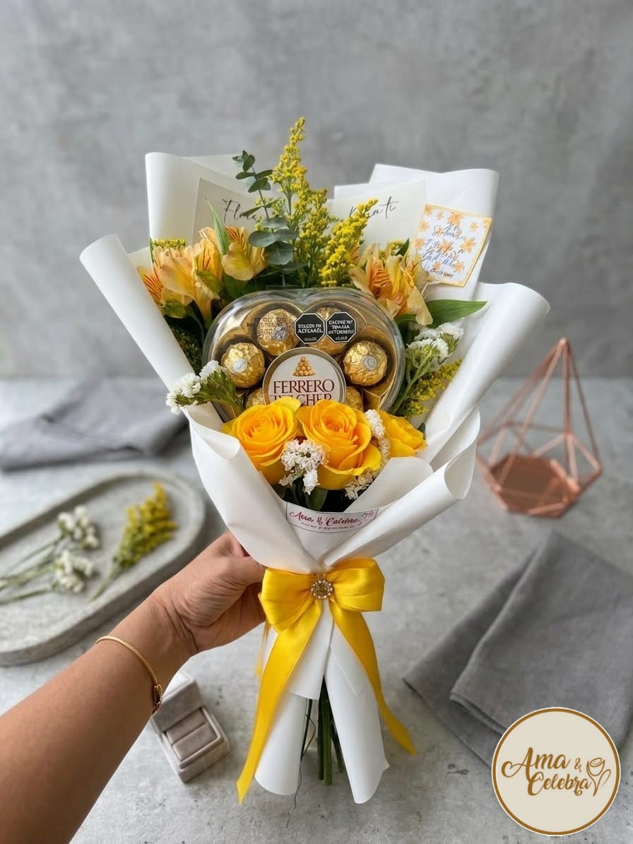 Ramo de flores amarillas con chocolates Ferrero Rocher